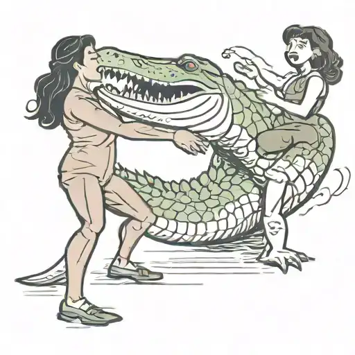 a strong feminist women wrestling an alligator, the woman is dominating the alligator and winning. Keep it simple tattoo design idea