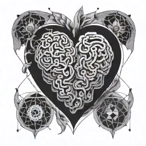 A geometric representation of a heart and brain merging together on a scale, reflecting the harmony between emotions and logic tattoo design idea