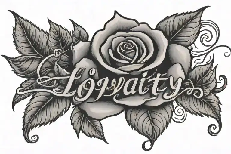the word 'loyalty' written in cursive with a rose bud blended into the l tattoo design idea