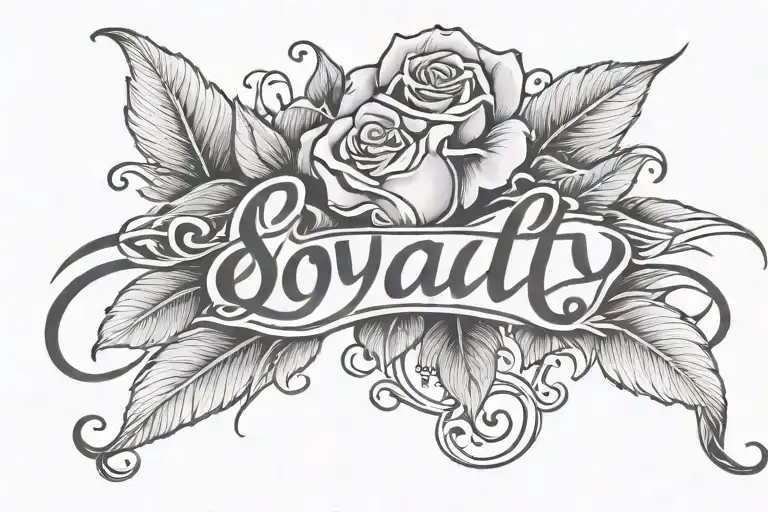 The word 'loyalty' written in bulky cursive with a rose bud only around the letter L tattoo design idea