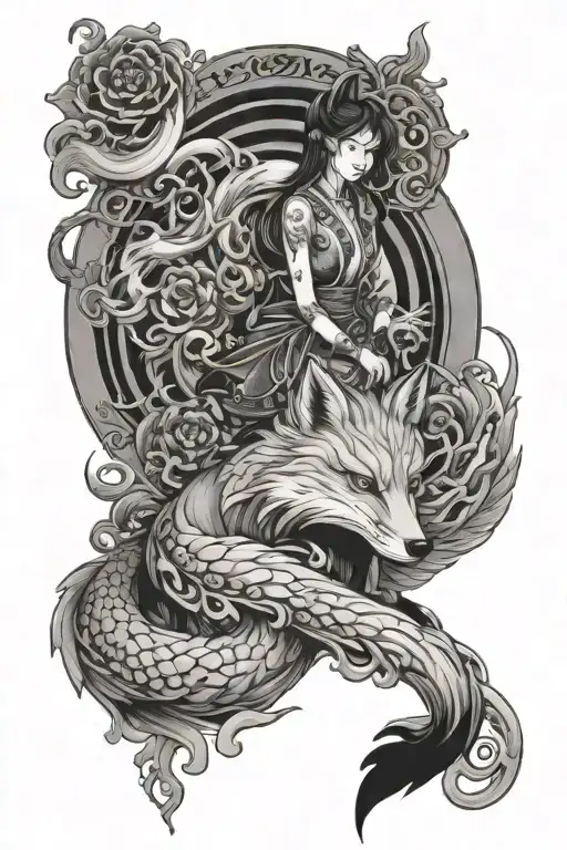 fox with nine 5 tail,woman figure Japanese temple  tattoo design idea