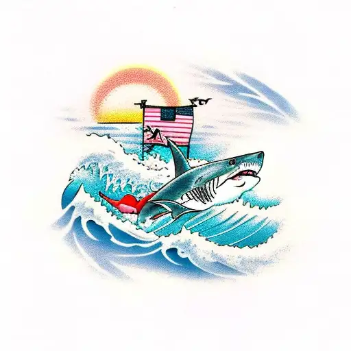 shark in the ocean with waves and a sunset with palms tattoo design idea