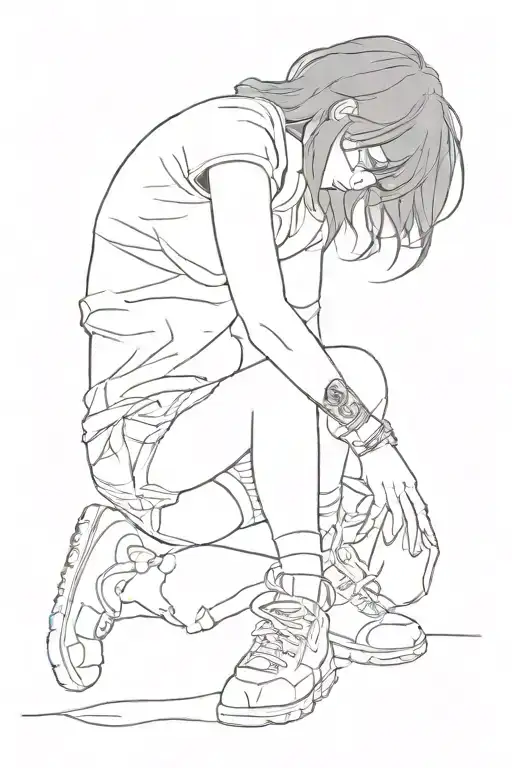 outline of a girl standing, one knee slightly bent. black hair, wearing a baggy shirt and a pair of knee socks. tattoo design idea