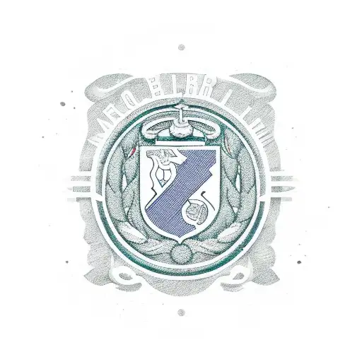 tren en vías con logo del club rosario puerto belgrano, con una brújula, un hincha con bandera colgado y pelota en techo tattoo design idea