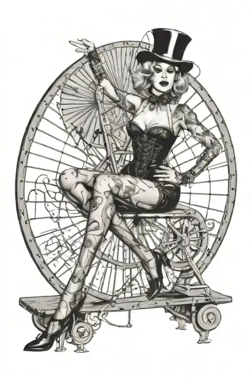 A glamorous woman in a vintage circus outfit, posing on a giant roulette wheel. She wears a top hat, a corset, fishnet s tattoo design idea
