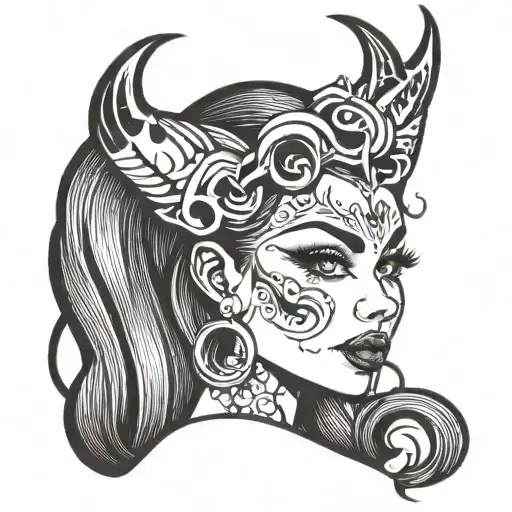  Design: Woman's head in bratz style with tiny devil horns, a tatto with the lyric DEVIL on the womans face and a cartoo tattoo design idea