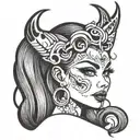  Design: Woman's head in bratz style with tiny devil horns, a tatto with the lyric DEVIL on the womans face and a cartoo tattoo design idea