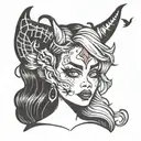  Design: Woman's head in bratz style with tiny devil horns, a tatto with the lyric DEVIL on the womans face and a cartoo tattoo design idea