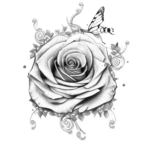butterfly, rose, semicolon and vine tattoo design idea