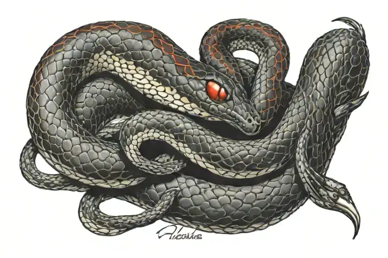 snake wrapped around the arm the snake is black shaded red in the middle of the snake is written reputation tattoo design idea