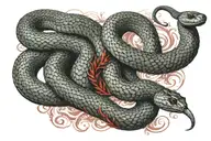 snake wrapped around the arm the snake is black shaded red in the middle of the snake is written reputation tattoo design idea