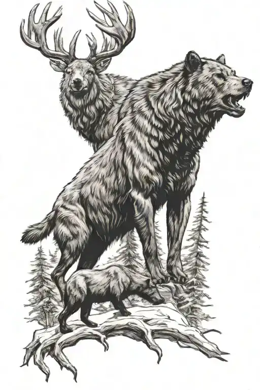 a dire wolf with a Kodiak bear over an elk  tattoo design idea