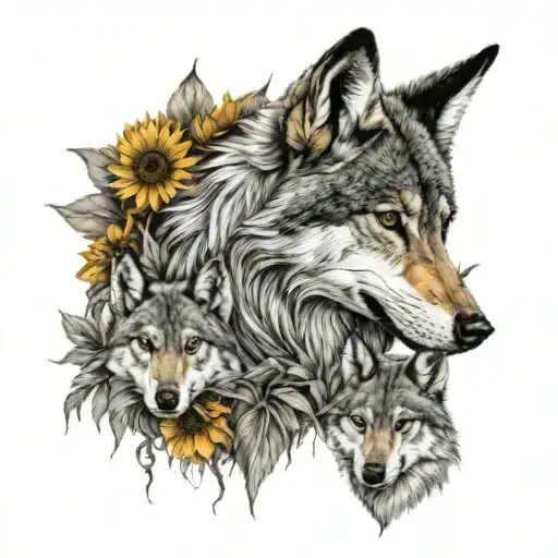 mom wolf with 2 pups with crowns underneath her with sunflowers and stargazer lilys around it.  tattoo design idea