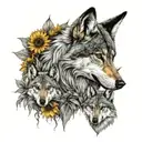 mom wolf with 2 pups with crowns underneath her with sunflowers and stargazer lilys around it.  tattoo design idea