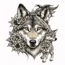 mom wolf with 2 pups with crowns underneath her with sunflowers and stargazer lilys around it.  tattoo design idea
