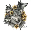 mom wolf with 2 pups with crowns underneath her with sunflowers and stargazer lilys around it.  tattoo design idea