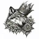 mom wolf with 2 pups with crowns underneath her with sunflowers and stargazer lilys around it.  tattoo design idea