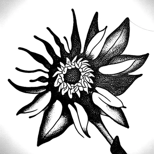 a medium single sunflower with a small larkspur flower growing up and around the sunflower stalk tattoo design idea
