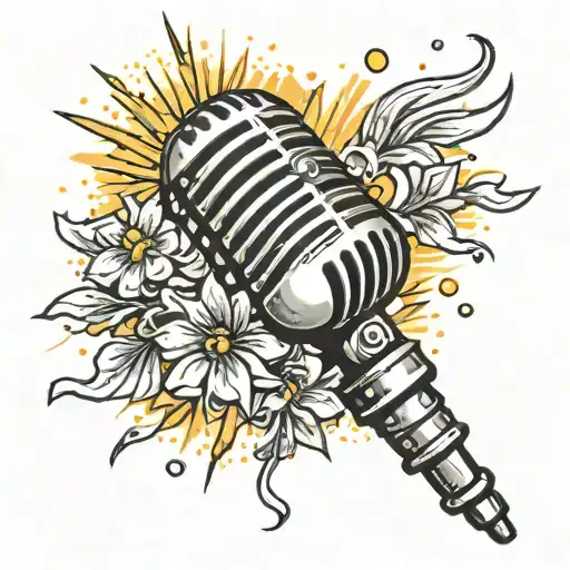 A neotraditional tattoo of a microphone surrounded by glitter and sunshine tattoo design idea