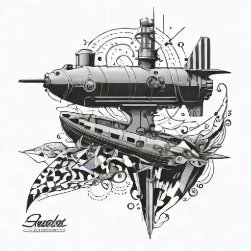 Design a trash polka inspired tattoo of a submarine navigating through a sea of abstract shapes and patterns, symbolizing the challenges faced by the netherlands navy tattoo design idea