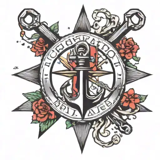 Merge trash polka aesthetics with traditional nautical symbols like anchors and compasses to represent the navy lifestyle tattoo design idea