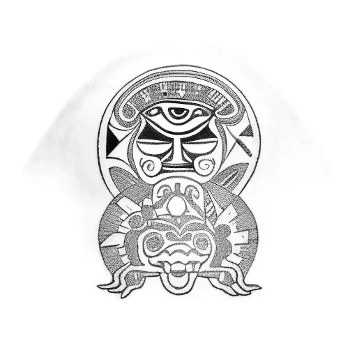 taino tribal sleeve with coqui, sun, atabey, yucahu, frog petroglyphs, and puerto rican flag tattoo design idea
