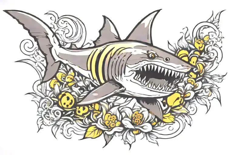 shark fighting bee tattoo design idea
