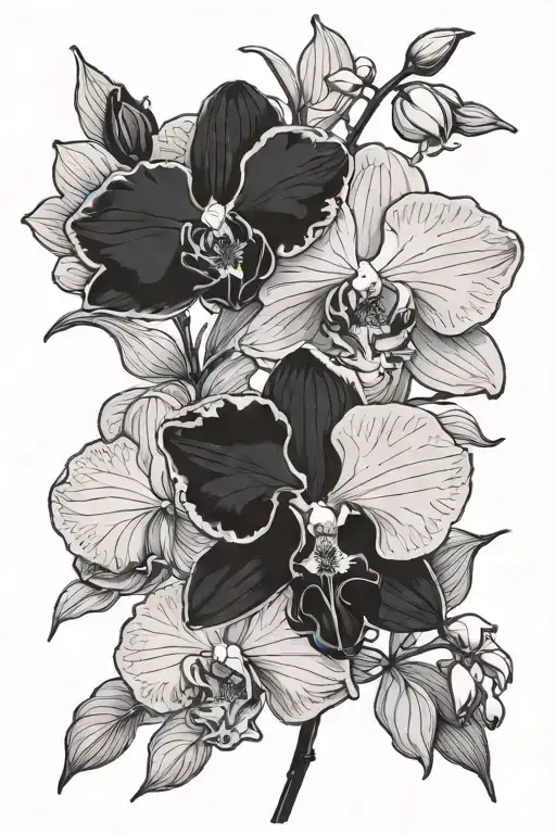 Orchid with Leaves and Buds:  A large orchid in bloom accompanied by a few black buds and leaves contrasting with black tattoo design idea