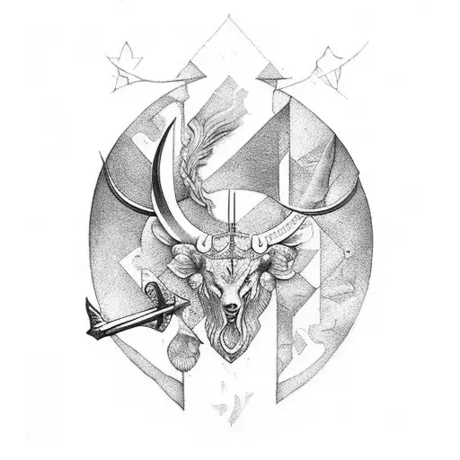 Artemis deusa grega com arco e flecha na mão apontada para frente e uma coroa na cabeça e cabelos soltos tattoo design idea