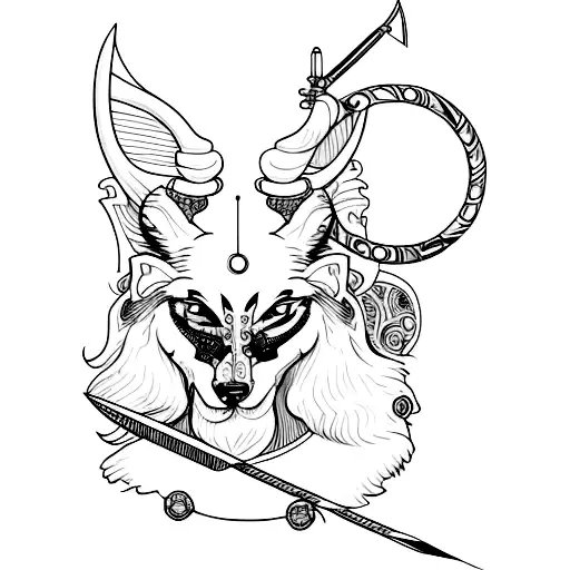 Artemis deusa grega com arco e flecha na mão apontada para frente e uma coroa na cabeça e cabelos soltos tattoo design idea