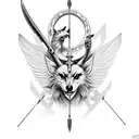 Artemis deusa grega com arco e flecha na mão apontada para frente e uma coroa na cabeça e cabelos soltos tattoo design idea