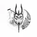 Artemis deusa grega com arco e flecha na mão apontada para frente e uma coroa na cabeça e cabelos soltos tattoo design idea