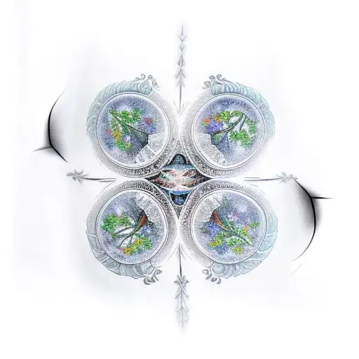 A sleeve tattoo depicting four doves flying around a majestic tree of life tattoo design idea