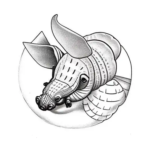 armadillo in dad hat looking at empty armadillo shell in sailor Jerry style tattoo design idea