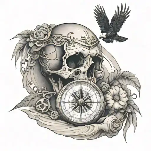 Skull, sand clock, bird, compass tattoo design idea