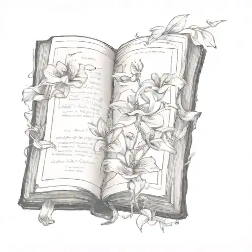 old worn book open surrounded by flowers tattoo design idea