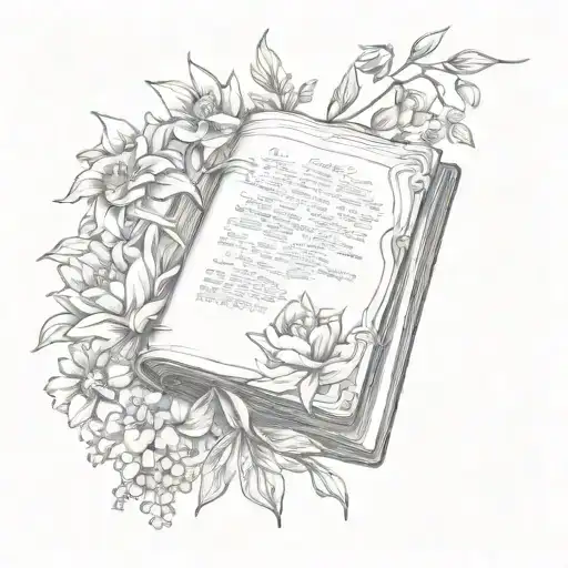 old worn book open surrounded by flowers tattoo design idea