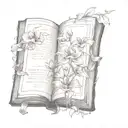 old worn book open surrounded by flowers tattoo design idea