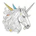 a unicorn smoking a joint surrounded by rainbow   tattoo design idea