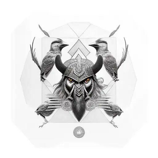black and white only, a bighead of odin in the middle an 2 crows an his shoulders on om the left and one on the right tattoo design idea