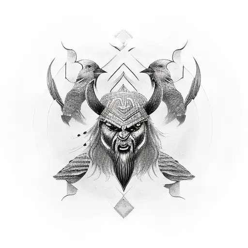 black and white only, a bighead of odin in the middle an 2 crows an his shoulders on om the left and one on the right tattoo design idea