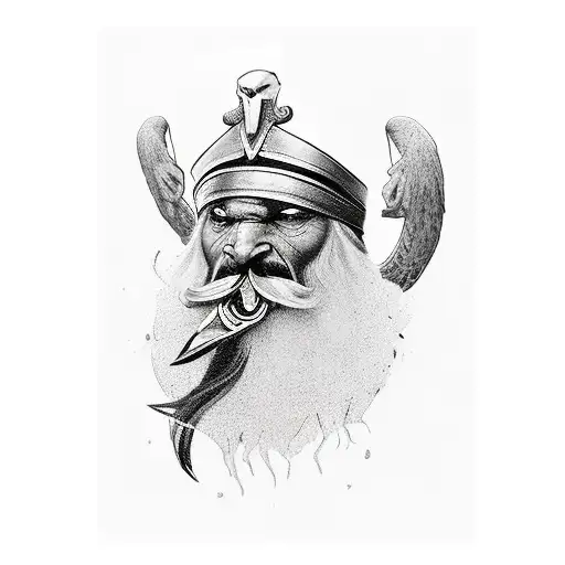 black and white only, a bighead of odin in the middle an 2 crows an his shoulders one on the left and one on the right tattoo design idea