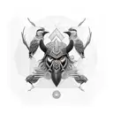 black and white only, a bighead of odin in the middle an 2 crows an his shoulders on om the left and one on the right tattoo design idea