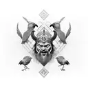 black and white only, a bighead of odin in the middle an 2 crows an his shoulders on om the left and one on the right tattoo design idea