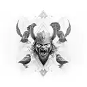 black and white only, a bighead of odin in the middle an 2 crows an his shoulders on om the left and one on the right tattoo design idea