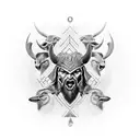 black and white only, a bighead of odin in the middle an 2 crows an his shoulders on om the left and one on the right tattoo design idea