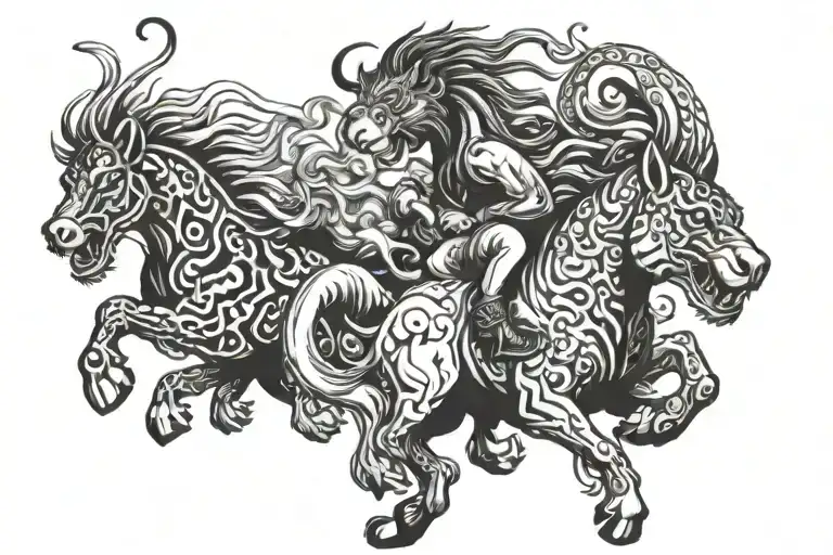 Horse with tiger and Dragon and monkey  tattoo design idea