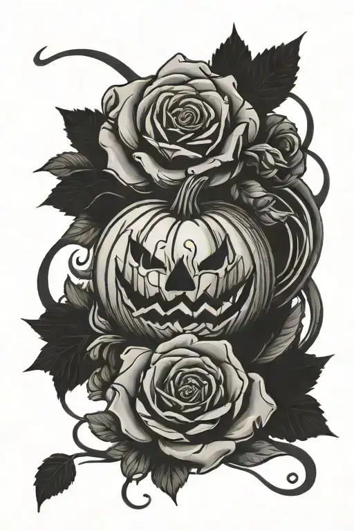 pumpkin with roses inside tied off with an  infinity loop,  tattoo design idea