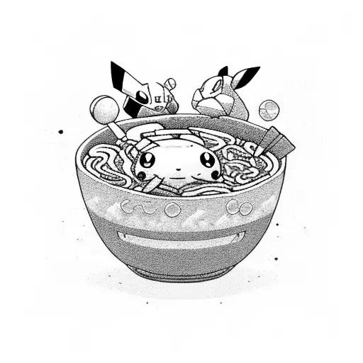 A ramen bowl with pokemon characters as toppings tattoo design idea