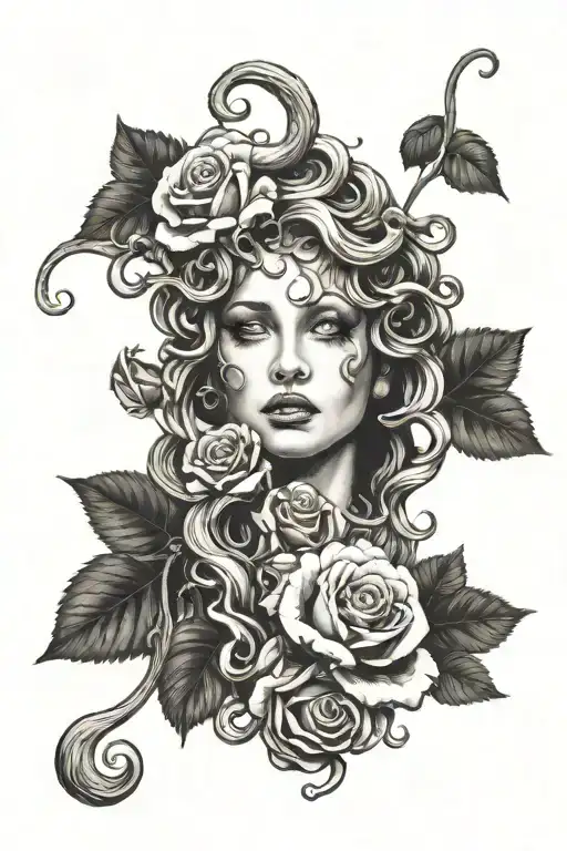 Medusa with roses falling down with a stem connected to a semi colon   tattoo design idea